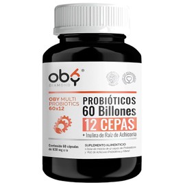 Probioticos 60 Billones de 12 Cepas + Prebioticos con Inulina Raiz de Achicoria | 60 cápsulas para 2 meses - Probioticos Mujer y Hombre | OBY MULTI Probiotics