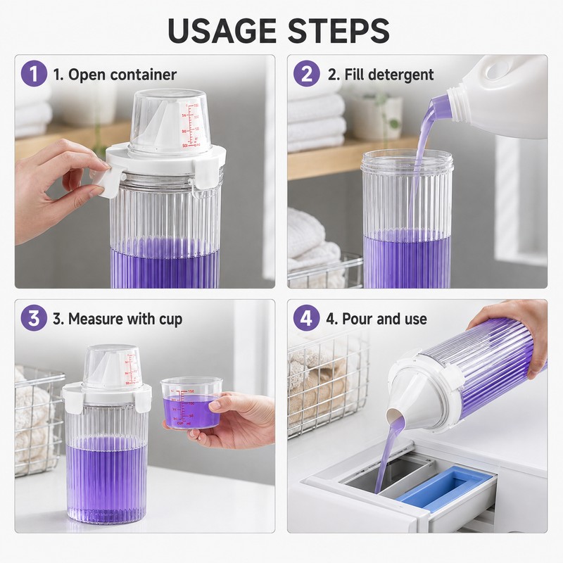 Laundry Detergent Dispenser Bottle with Measuring Cup – Transparent Storage