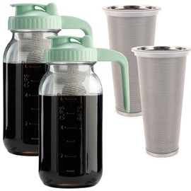 Fermus Set of 2 Cold Brew Coffee Maker, 64oz / 2Quart Glass Pitcher with Stainless Steel Fliter and Pour Spout Handle Lid, Mason Jar for Making Cold Coffee, Fruit Drinks, Sun Tea (2)