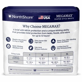 NorthShore MegaMax Made in USA Adult Overnight Diapers, 12-Hour Tab-Style, Large, 10 Count Bag, White, 42-54 inches, Unisex Incontinence Underwear