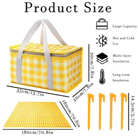 Insulated Picnic Bag with Leakproof Liner Foldable Reusable Cooler Basket Includes Disposable Picnic Mat Sturdy Handle Ideal for Outdoor Activities Travel Beach Camping (Yellow)