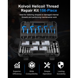 Kolvoii Helicoil Thread Repair Kit 156-Piece SAE Heli Coil Repair Kit with HSS Drill Bits Inserts Taps Break Off Tools, Universal Threaded Restorer Restoring Rethread