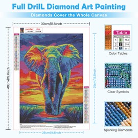 MOGTAA Diamond Art Painting Kits for Adults, Colorful Elephant DIY 5D Diamond Painting Kits for Adults Beginners, Full Round Drill Diamond Dots Crystal Craft Kits for Home Decor 30x40 cm