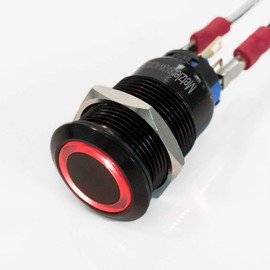 Flat Stainless Steel Button in Black - Diameter of 19 mm - Includes LED Ring Lighting - Waterproof (Red)