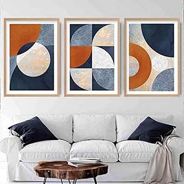 Artze Wall Art Geometric Abstract Texture Art Prints 3-Piece Set, A2 Size, Navy Blue/Orange/Gold