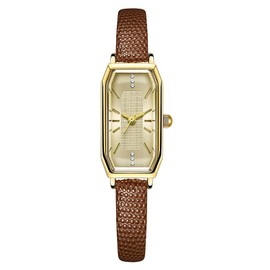 BESTKANG Vintage Dainty Watches for Women Rhinestone Rectangular Waterproof Ladies' Watch Leather Band Analog Quartz Women's Watch (Brown Gold)