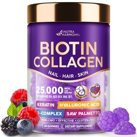Biotin 10000 mcg Gummies | Collagen | Keratin | Hyaluronic Acid | B-Complex | Saw Palmetto - Hair Health Support, Skin & Nails Strength - Sugar-free Berry Flavor - for Women & Men - Vegan, 60 Gummies