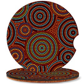 Set of 2, Car Coasters, Australian Aboriginal Colorful Geometric Pattern, Absorbent Cork Base Round Car Drinks Cup Holder Coaster