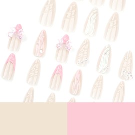 RIICFDD Pink Press on Nails Medium Length Fake Nails Almond False Nails 3D Water Ripple Nails Press ons Pearl Bow Nail Charms Acrylic Nails Full Cover Glossy Glue on Nails for Women 24 Pcs
