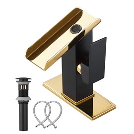 Bathroom Faucet Black Waterfall Gold Spout Single Handle for Sink 1-3 Hole 4 inch Deck Plate Pop Up Drain Stopper Overflow Lavatory Vanity Basin Tap Supply Lines Farmhouse Luxury Bath Faucets Brass