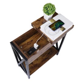 Segawe X-Shaped Narrow Flip Top Sofa Side End Table with 2 USB Ports, 2 Outlets Brown