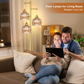 ILLMTW Gold Floor Lamp for Living Room,Bedroom,Mid Century Modern Standing Lamp Brass Tree 3 Light Tall Floor Lamps Vintage Retro Floor Lights Glass Amber Flower Lamp Shade Farmhouse Boho Bohemian