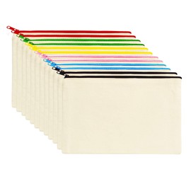 Makeup Bags, 12 KOOLMOX Canvas Pencil Pouch, Cotton Canvas Toiletry Pouch, Bulk Plain Cosmetic Bags for Women School Pencil Case Vinyl Projects Crafts, 8x5'' Beige Pouch with Zippers of 10 Colors