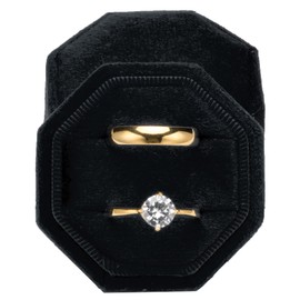 POKOFO Premium Velvet Ring Bearer Box for Proposal Engagement Wedding Ceremony - Equilateral Octagon Vintage Double Ring Display Holder with Detachable Lid (Black)