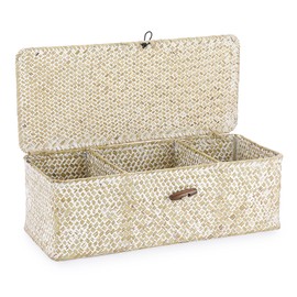 Hipiwe Seagrass Storage Basket Bin 3 Sections Hand-Woven Wicker Baskets with Lid Bathroom Basket Toilet Tank Baskets Holder for Organize Snack Tissue, Whitewash