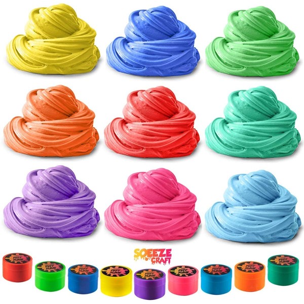 Squeeze Craft Puff Slime - 9 Pack Jumbo Fluffy Mud Putty Assorted Bright Colors - 2 Oz. per Container - for Sensory and Tactile Stimulation, Event Prizes, DIY Projects, Educational Game, Fidget Toy