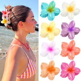 Kavya Plastic Flower Hair Clips Large Pack of 8 Flower Clips Colourful Hawaiian Flower Clips - Beautiful Cardboard Packaging, Hair Clip Women & Girls Flower Hair Accessories