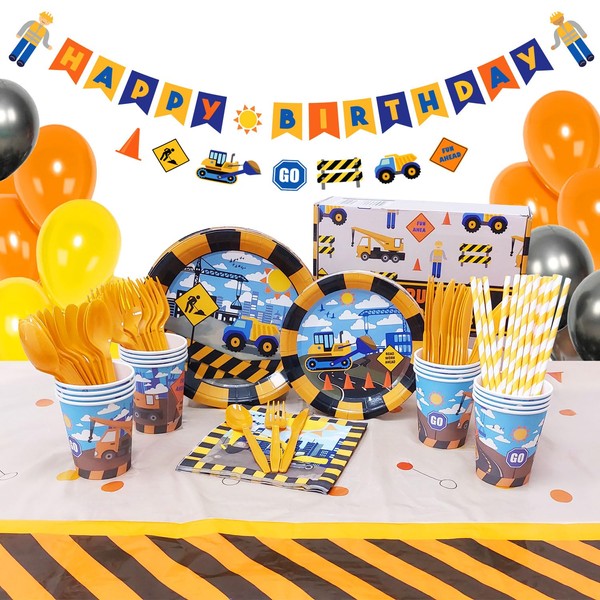 Whoobli Construction Birthday Party Supplies (Serves 16), All in One Truck Construction Party Supplies- Plate, Cups, Spoons, Fork, Napkins. Construction Birthday Decorations for Boys