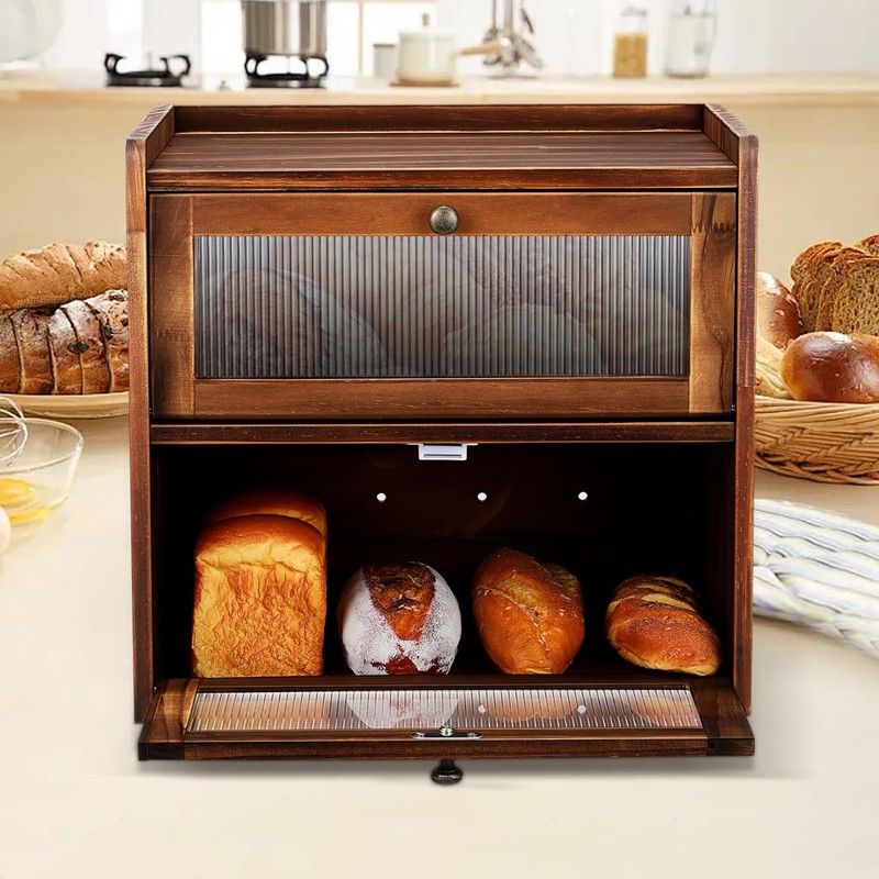 Cabilock Wooden Bread Box for Kitchen Storage - Double Layer