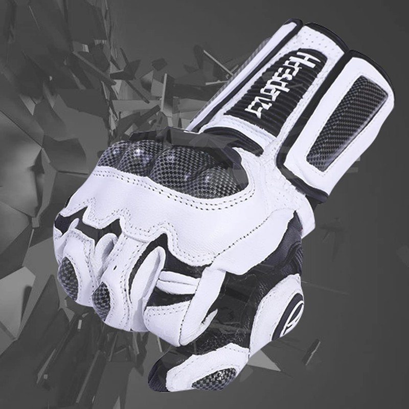 Harssidanzar Carbon Fiber Leather Motorcycle Gloves KM045UK White Black XXL