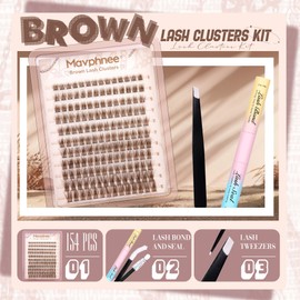 Brown Lash Clusters Kit Natural Eyelash Extension Kit Gently Fluffy Lashes Extensions C-Curly Dark Brown Cluster Lashes with Lash Bond and Seal Clear and Tweezers Daily DIY Lash Kit (154PCS, 8-16MM)