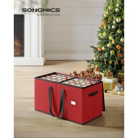 SONGMICS Large Christmas Ornament Storage Box, Dual Zippers, Stackable Christmas Storage Container with Lid, 8 Trays, 600D Oxford, 3-Inch 128 Slots, Cherry Red URFB035R01