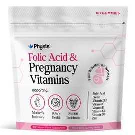 Physis Folic Acid & Pregnancy Vitamins | Prenatal Vitamins for Women | 60 Vegan Melt-in-Your-Mouth Mixed Berry Gummies | with Folic Acid, Vitamin D3, B12, Zinc, Iodine | UK-Made Pregnancy Supplements