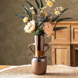 Gold Ceramic Vase with Handles, Brown Rustic Farmhouse Vintage Flower Vases Home Decor, Modern Amber Tall Centerpiece Floral Large Vases for Living Room, Bedroom, Office Metal Glaze Finish 11 Inch