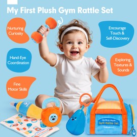 hahaland Baby Toys for 3-6-12 Months, Fitness-Inspired Baby Sensory Toy, Plush Gym Rattle Set with Dumbbell, Kettlebell, and Tummy Time Toys – Newborn Essentials & Shower Gifts for Boys & Girls