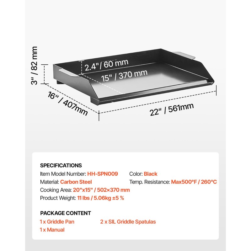 VEVOR Carbon Steel Griddle, 22x16 inch Universal Flat Top Rectangular