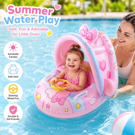 Toddler Pool Float with Canopy for Supervised Water Play – Inflatable Seat Float with Handle and Steering Wheel