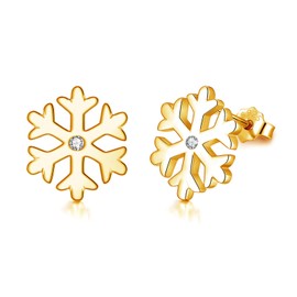 Josfeva Snowflake Stud Earrings for Women, 925 Sterling Silver Christmas Studs Earrings with 5A White Zirconia, Gold Xmas Stud Earrings, Hypoallergenic Snow Winter Jewellery for Party Birthday