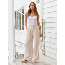 LILLUSORY Women's Linen Palazzo Pants Flowy Beach 2024 Summer Spring Fashion Basic Outfits Clothes Trendy Casual Drawstring Trousers with Pockets Apricot