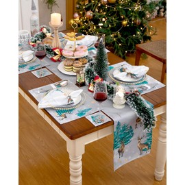 Phestival All-in-1 Christmas Table Runner Set, Christmas Runner for Table [13x72 Inch] Holiday Table Runners - Xmas Table Runner Decorations for Indoor Kitchen Dinning [Forest and Reindeer] (9-in-1)