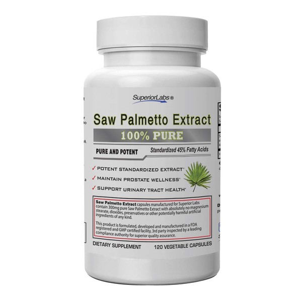 Superior Labs — Saw Palmetto Extract NonGMO, Non Synthetic— 300 mg Dosage, 120 Vegetable Capsules — Supports Urinary Tract Flow & Frequency