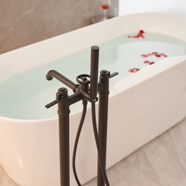 BWE Floor Mount Freestanding Bathtub Faucets Black Solid Brass Single Handle Modern Bathroom Tub Filler High Flow Rate with Handheld Shower Mixer Tap