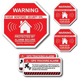 (5 Pack) Combination Pack of 24 Hour Monitoring - This Vehicle Protected by GPS Tracking Warning Signs - Decal Self Adhesive Sticker Vinyl Decal — UV resistent & Waterproof inks
