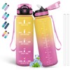 Drinking Bottle 1 Litre, Bottle with Straw, Sports Water Bottle for Adults, Leak-Proof Drinking Bottle, Can Be Carried, Water Bottle with Time Marking, for Camping, Hiking, Fitness, Yellow/Pink