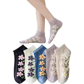 [DsHome] 靴下 レディース 夏用 綿 100 くるぶし ソックス 花柄 刺繍 かわいい 靴下セット 女性用 通気 蒸れない 22~25cm 5足セット