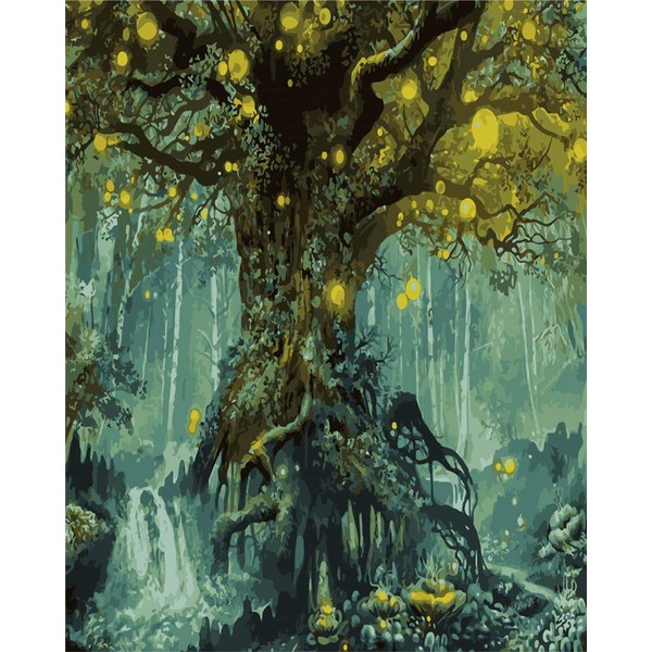 Amiiba DIY Paint by Numbers Kits, Fantasy Forest Psychedelic Magical Tree of Life 16x20 inch Acrylic Painting by Number Wall Art Crafts (Forest, Without Frame)