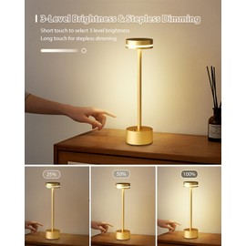 FUNTAPHANTA Modern Rechargeable Cordless Table Lamp, Aluminum Shell Dimmable Battery Powered Lamp, 4000mAh Certified Battery, 3000K Portable Warm White Bedside Lamp, Pack of 2 (Gold)