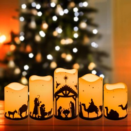 Aulaygo Christmas Nativity Scene Decorations Christmas Religion LED Flameless Candles with Timer for Xmas Holiday Home Decor Supplies Set of 5