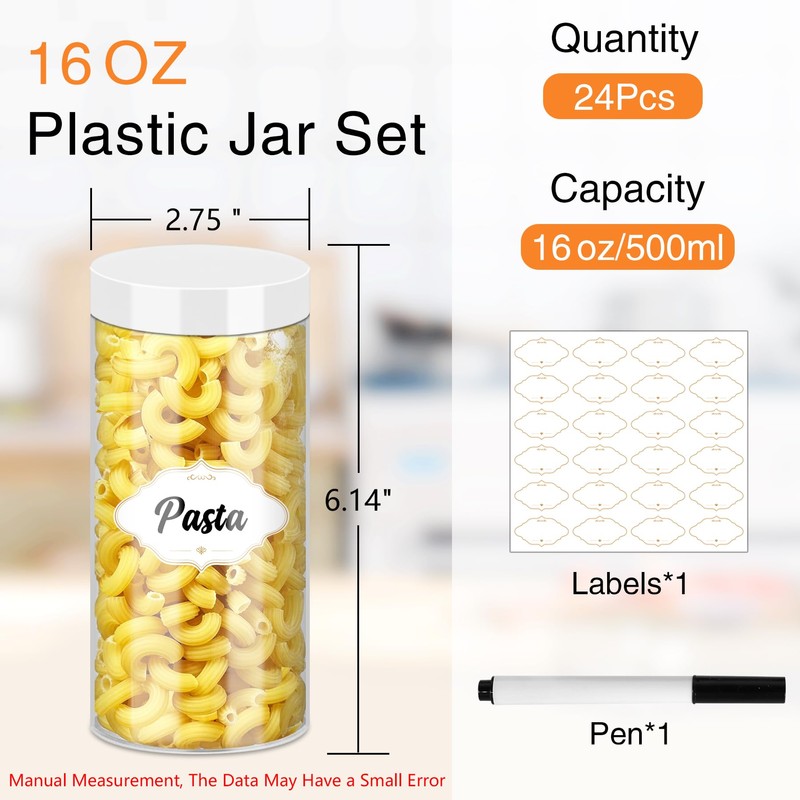PeacePeo 24 Pcs Plastic Jars, 16 OZ Plastic Jars with