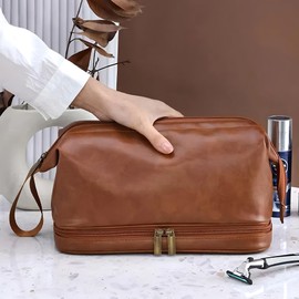 HannaFires Leather Toiletry and Cosmetic Bag, Women's Travel Organizer, Men's Dopp Kit, Business Handheld Makeup Bag, Dual-Layer Waterproof Travel Pouch