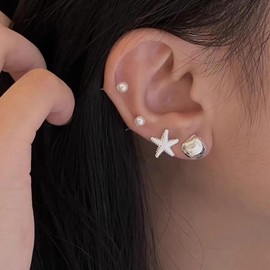 Starfish Beach Summer Earrings for Women - Lightweight Waterproof Dainty Shellfish Design Everyday Vacation Jewelry Gift - Boho Ocean-inspired Hoop Studs, Brass, brass