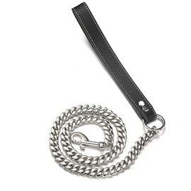 RUMYPET 3FT/4FT/5FT Heavy Duty Silver Dog Chain Leash 14MM Stainless Steel Miami Cuban Link Chain with Durable Genuine Leather Handle for Training Walking(14mm,4ft)…
