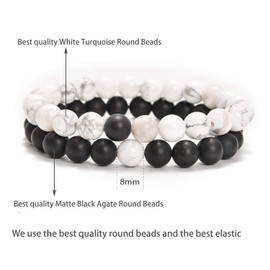 AD Beads 2Pcs His & Hers Distance Beads Bracelets Elastic Natural Stone Yoga Bracelet (Matt Black Agate+White Turquoise)