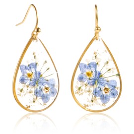 Flower Teardrop Earrings Forget Me Not Flower Earrings 14K Gold Plated Teardrop Dangle Earrings Elegant Sweet Pressed Flower Earrings for Women Girls Tear Drop Earrings Jewelry