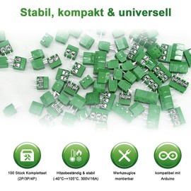 AYWHP PCB Screw Terminal Block Set, 5 mm Pitch Green 2 Pin / 3 Pin / 4 Pin 300 V 16 A Soldering Terminal Block Compatible with Arduino DIY Electronics Projects (80 x 2 Pin, 15 x 3 Pin, 5 x 4 Pin)