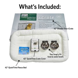 MidWest Homes for Pets Double Door iCrate Starter Kit, 42-inch Dog Crate Bundle for Large Dogs, Includes Cage, Pet Bed, 2 Bowls and Privacy Cover